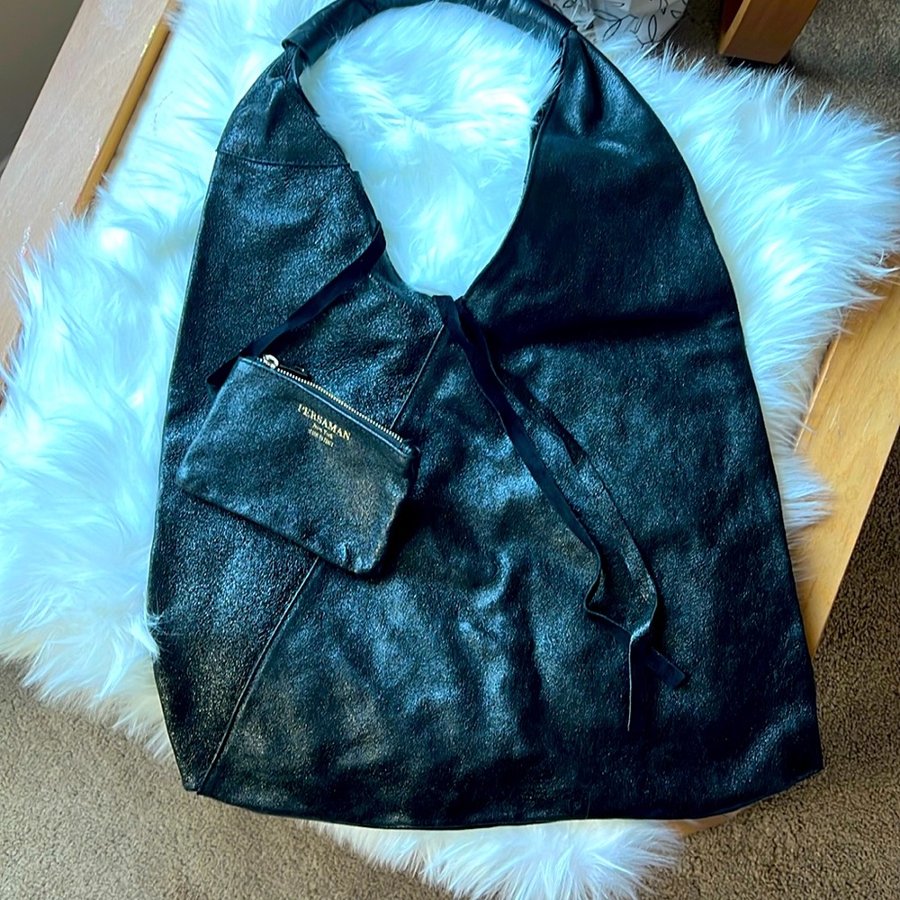Bohemian “Persaman” leather hobo bag, color black size medium, wallet attached.